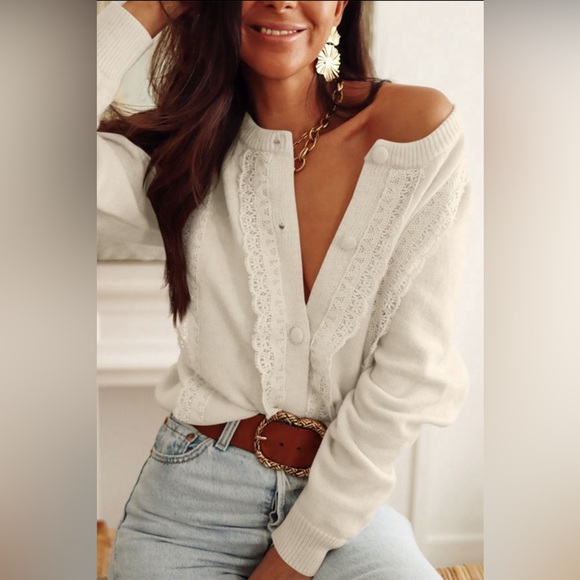 Aurora - lace trim ribbed round neck button up cardigan - Picture 3 of 4